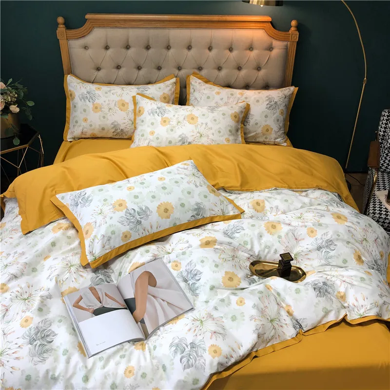 

Luxury 100% Egyptian cotton bedsheet yellow daisy flower duvet cover bed linen flat sheets queen king size hometexitle
