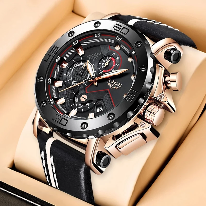 

2021 LIGE Fashion Sport Men Watches Top Brand Luxury Big Dial Military Quartz Clock Leather Waterproof Chronograph Watch for Men