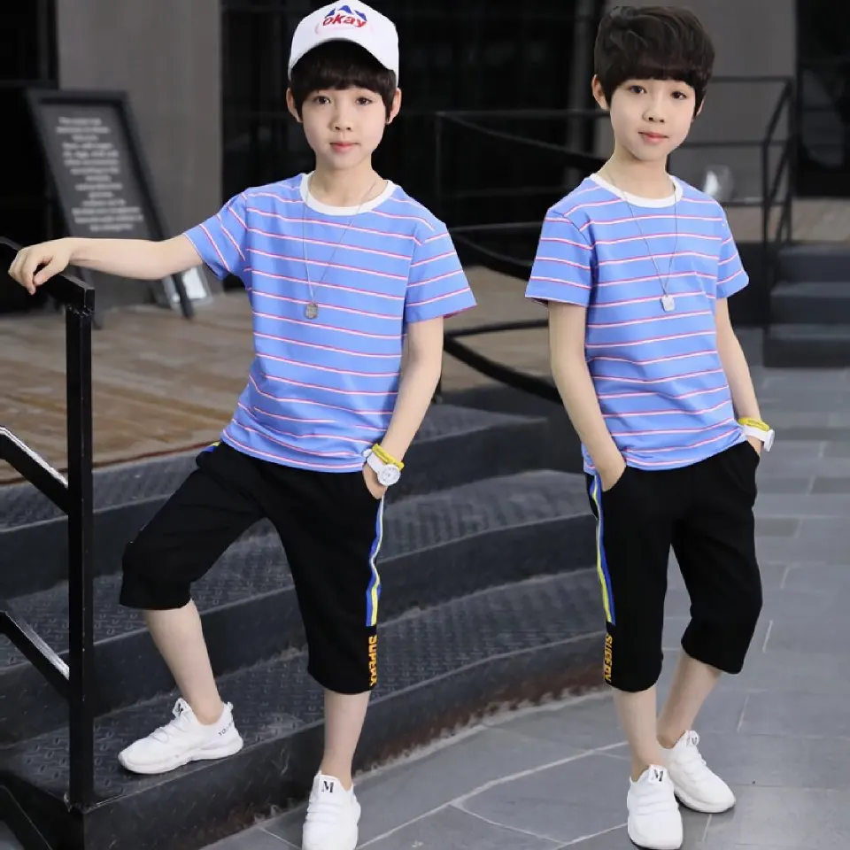 

Summer Baby Boys Clothes New Kids Clothing Sets Age For 4-13 Teenagers Boys Wear Casual Sport Striped T-Shirt+Pants 2 Pieces