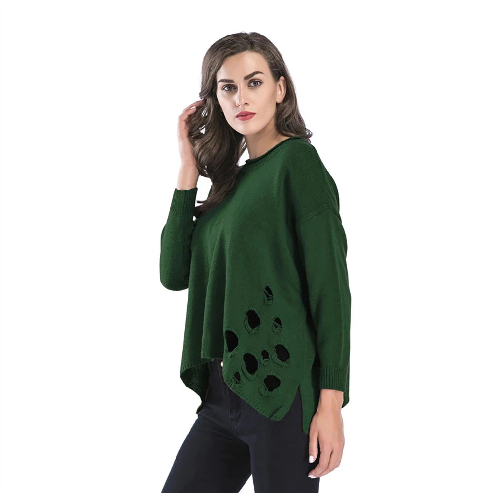 

European and American autumn and winter women's personality fashion solid color long-sleeved hole knit sweater women