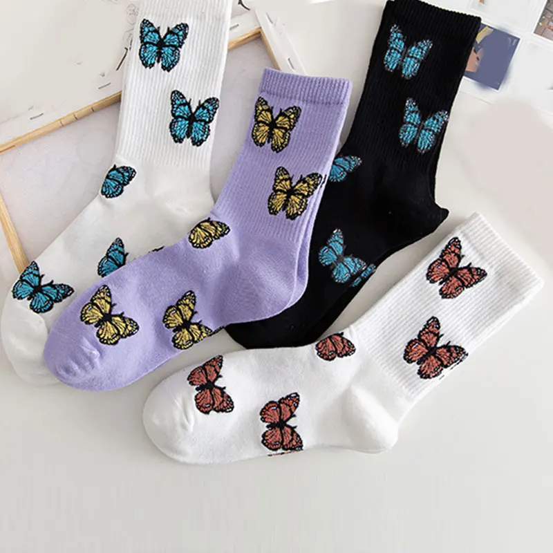 

New Fashion Butterfly Pattern Socks Purple Female Ins Korean Style Women Cotton Socks Streetwear Harajuku Hip-Hop Crew Socks