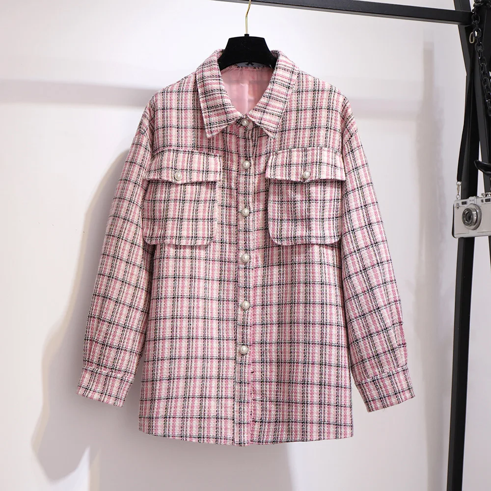 Новинка 2021 осенне-зимняя женская одежда большой свободный розовый клетчатый