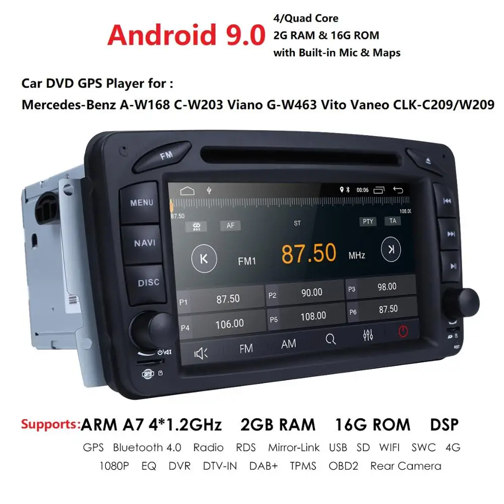 2 Din Android 9,0 Автомобильный DVD радио плеер Автомобильный Стерео gps navi для Benz W203 W208 W209 W210 W463 Vito Viano с wifi bt swc dab+ obd