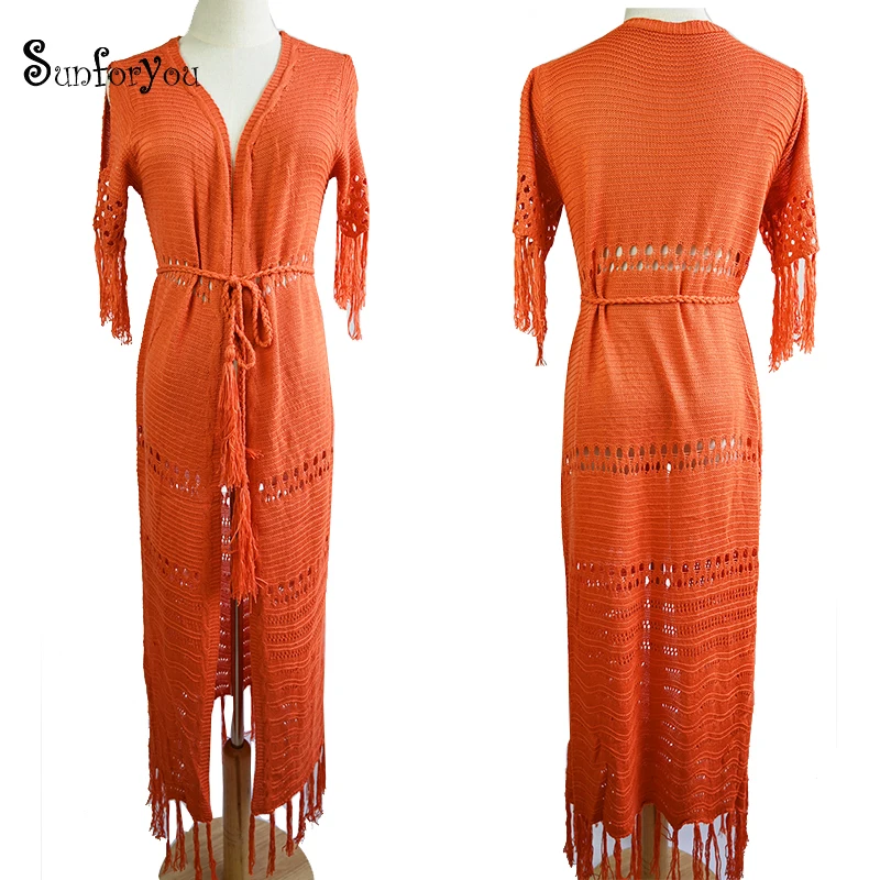 Вязаная длинная Пляжная накидка пляжный кафтан туники для пляжа купальник халат