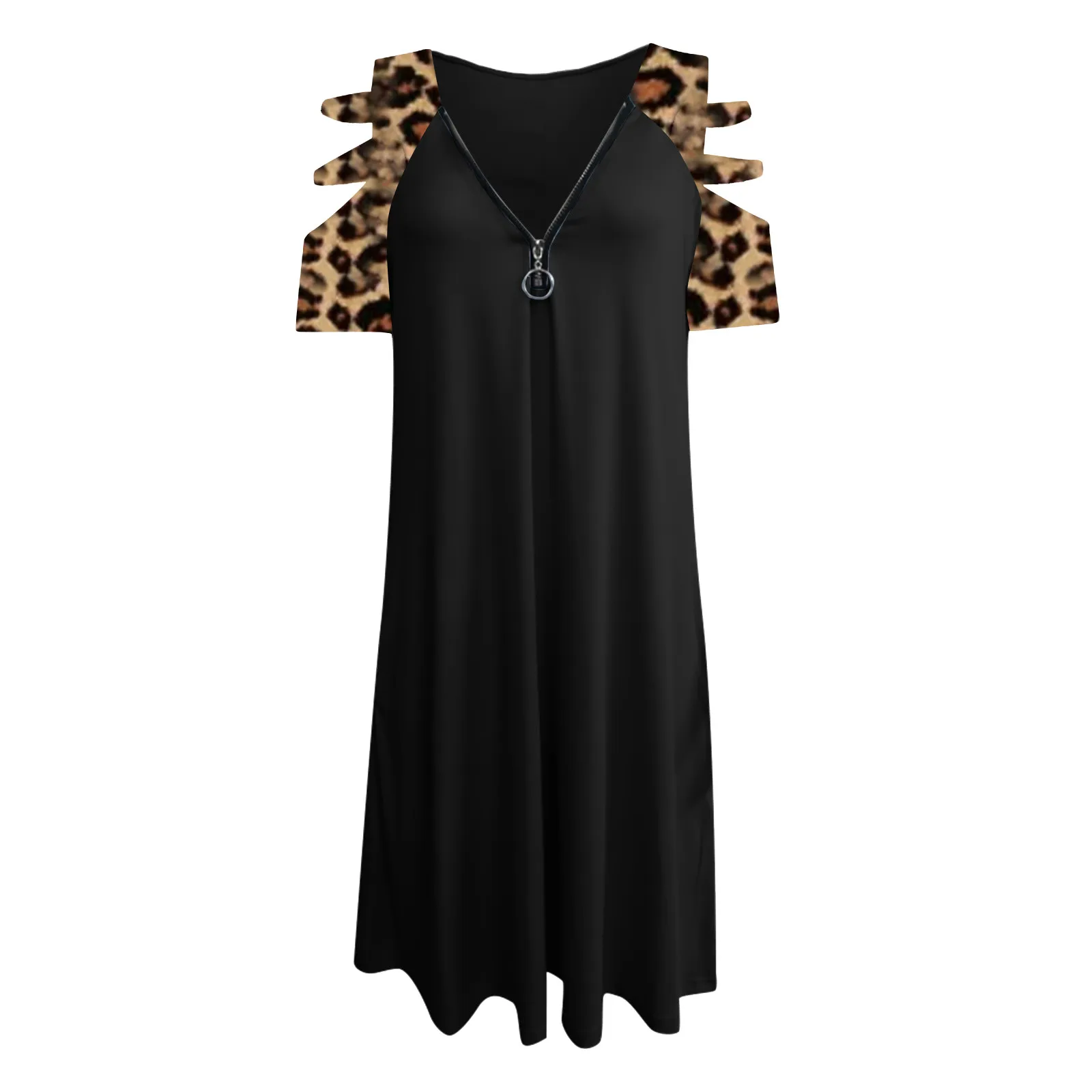 

Splicing Pattern Casual Dress Women Casual V-neck Short Sleeve Zipper Pocket Strapless Printing Loose Dress Vetement Femme 2021