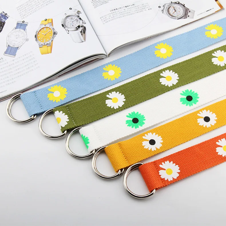 

Unisex Canvas Belts Daisy Printed D Ring Double Buckle Punk Waist Strap Women Men Teenager Long Wide White Belt