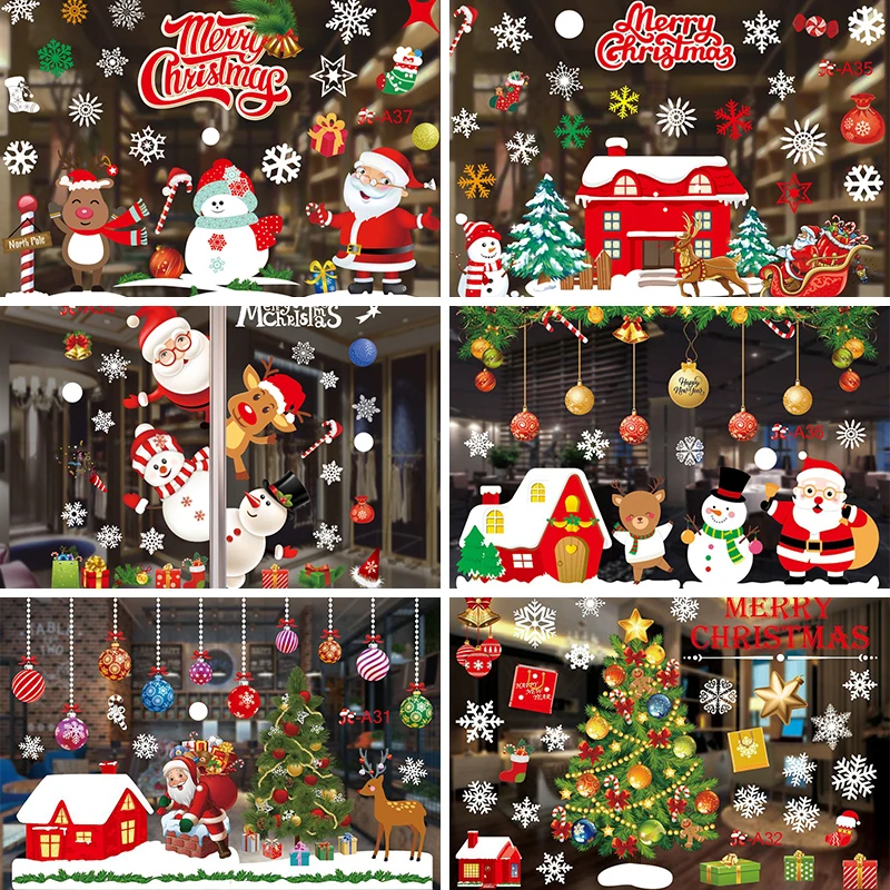 

Merry Christmas Window Sticker Santa Claus Snowman Elk Sticker Christmas Decorations for Home Navidad 2021 Happy New Year 2021