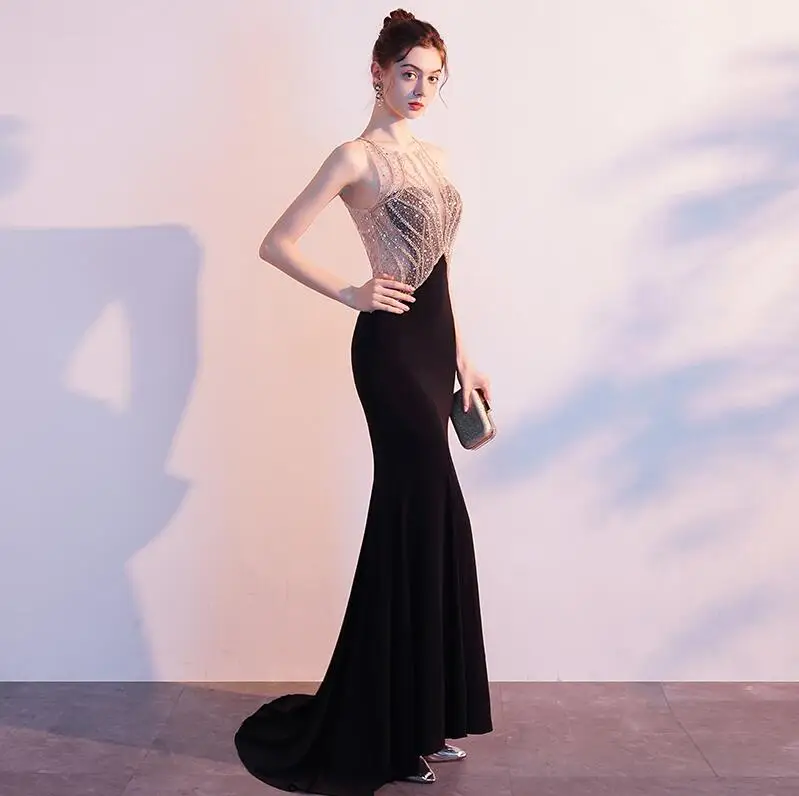 

Черное вечернее женское платье, элегантное Элегантное летнее банкетное платье с длинным рукавом и воротником «рыбий хвост»