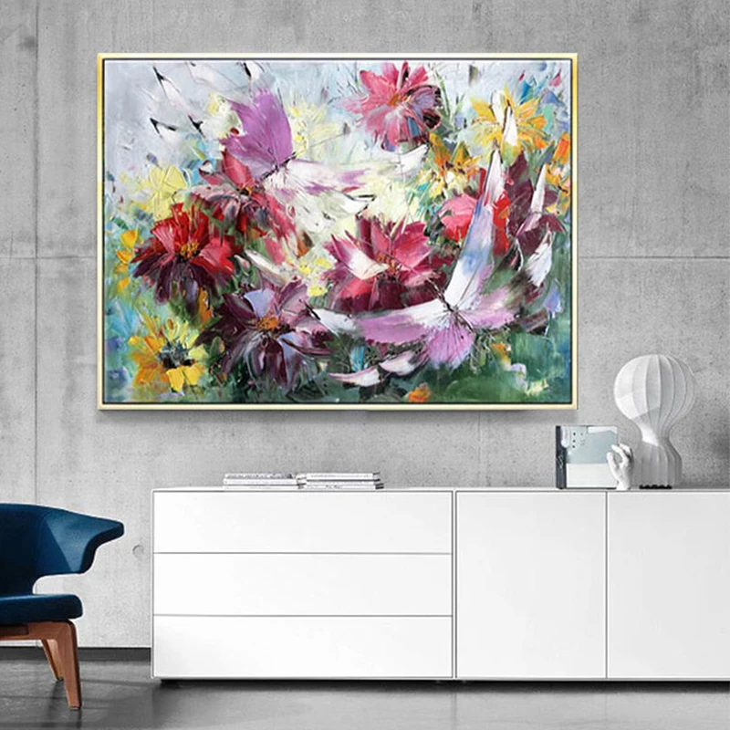 

Hand-Pnted Abstract Thick Textur Oil Painting On Canvas Butterfly Flowers For Home Decor Knife Animal Painting Handmade Unframed