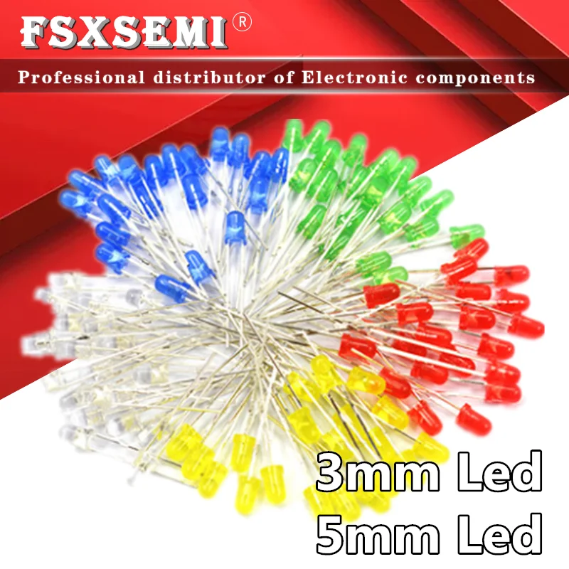 100 шт. 3 мм 5 LED F3 F5 красный зеленый желтый синий белый | Электронные компоненты и