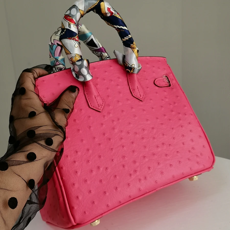 

Модная розовая Женская сумка, роскошная дамская сумочка из натуральной воловьей кожи с узором страуса, женская сумка через плечо, Большая ~ ...