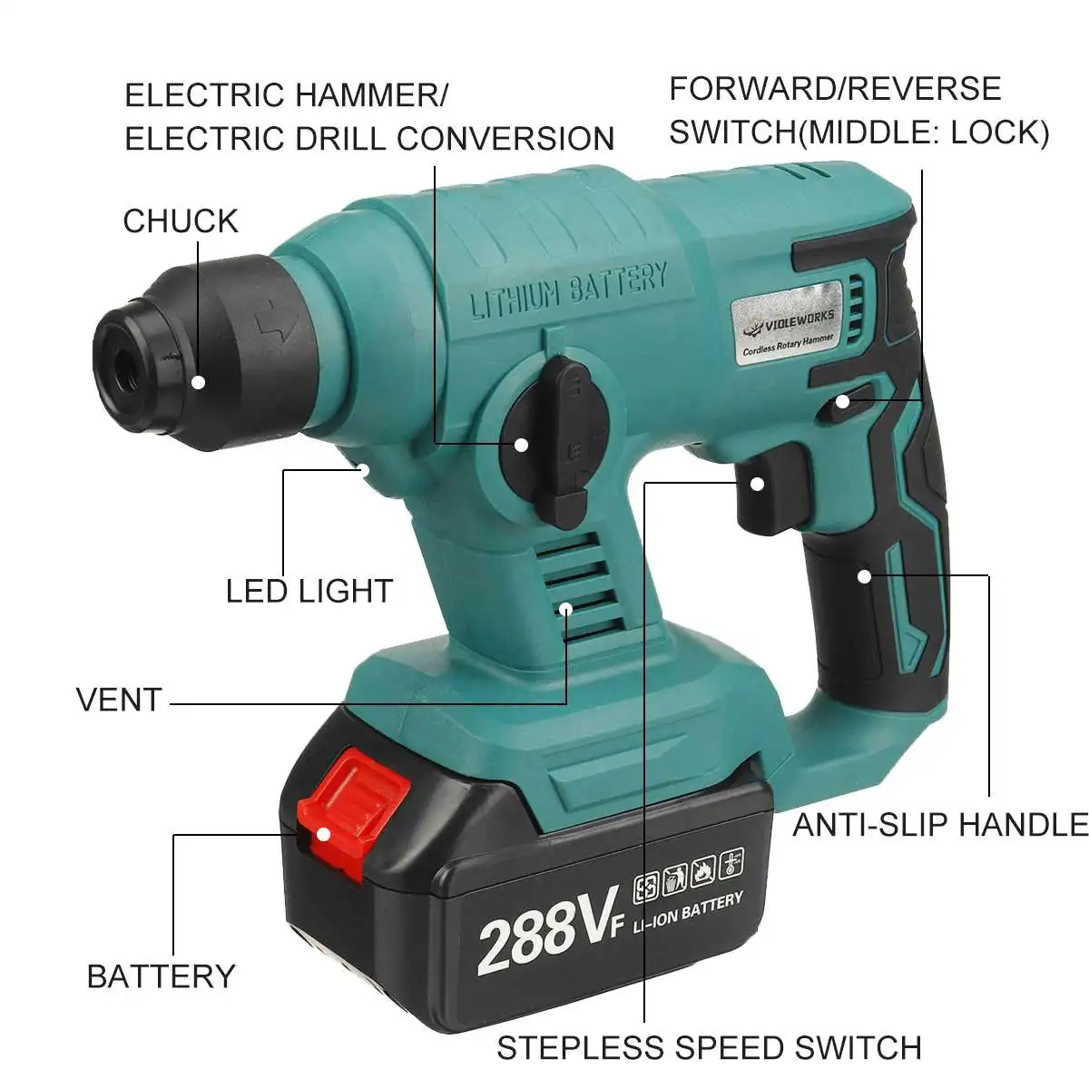 

288VF Multifunctional Brushless Cordless Rotary Hammer Electric Demolition Hammer Impact Drill Tool Body For Makita 18V Battery