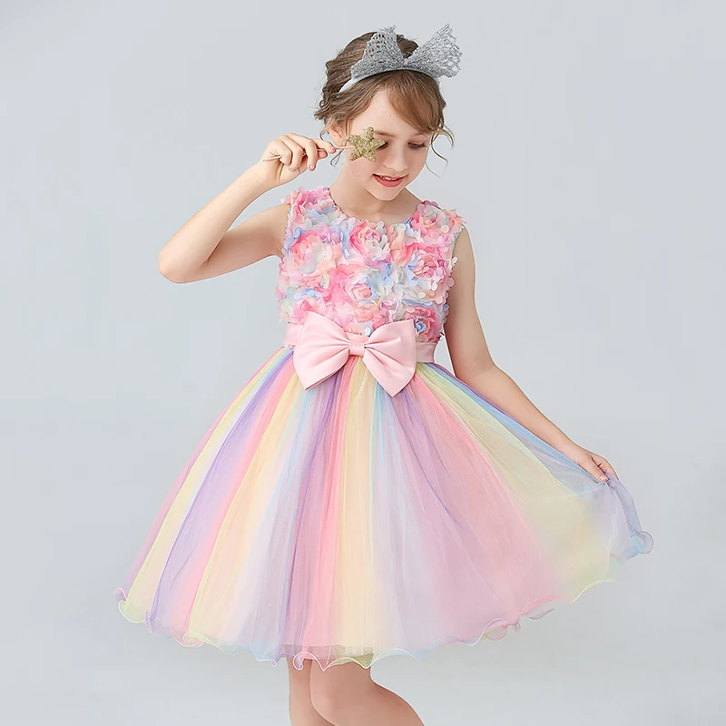 

Платье принцессы для девочек, детское платье на день рождения, летнее стильное платье с радужной юбкой-пузырьком и цветами