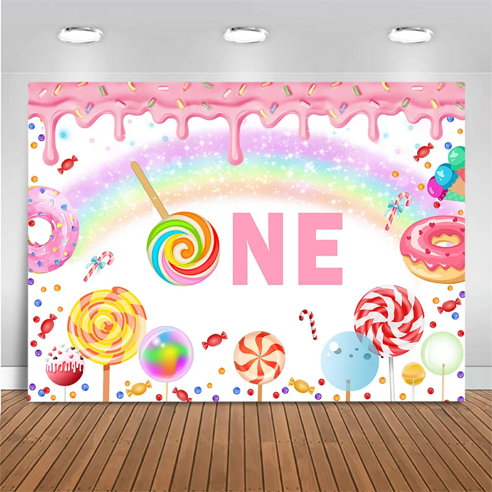 

1st Birthday Girl Backdrop Rainbow Lollipop Personalized Photographic Photography Background For Photo Studio Decoration Banner