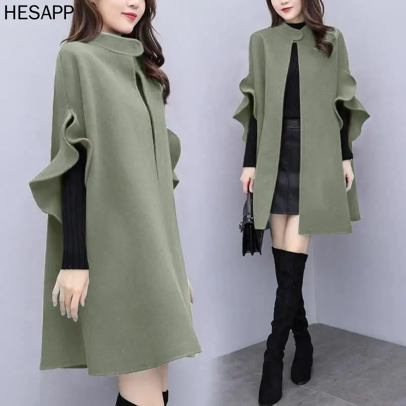 

Hesapp 2021 new women's autumn and winter large size in long wool coat fat mm England a word cape woolen coat tide