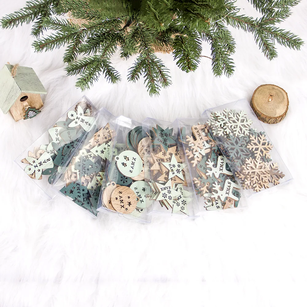 24PCS Colorful Hollow Christmas Snowflakes Wooden Pendants for Xmas Tree Ornaments Christmas Party Home Decorations Kids Gift