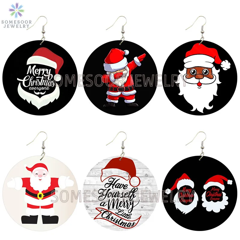 

SOMESOOR Merry Christmas Everyone Wooden Drop Earrings Best Wishes Santa Claus Cute Hat Afro Circle Ear Dangle For Women Gifts