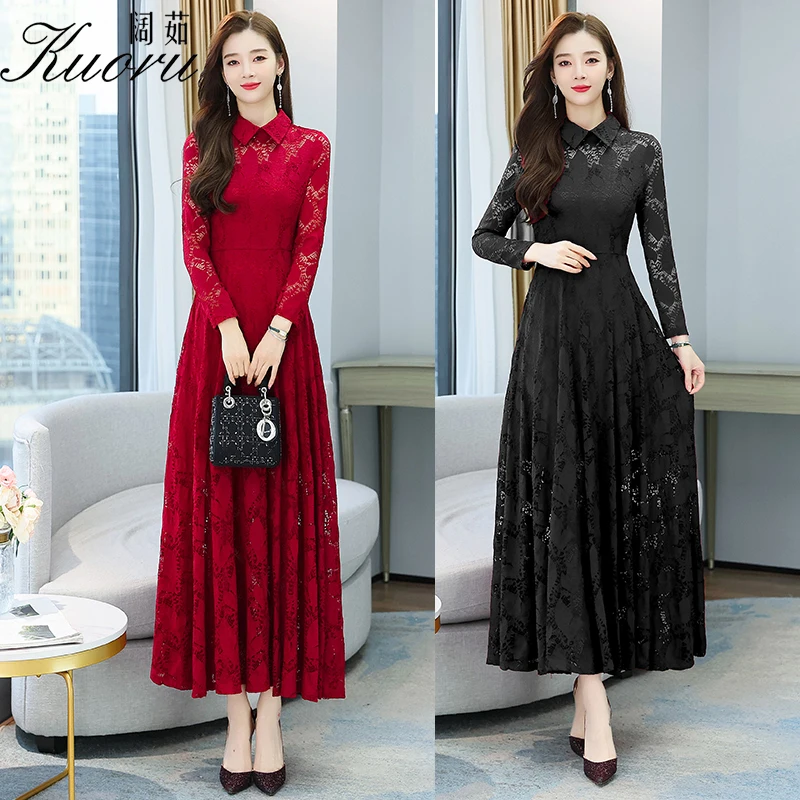 Женское платье с длинным рукавом красное Сетчатое вязаное крючком вечернее