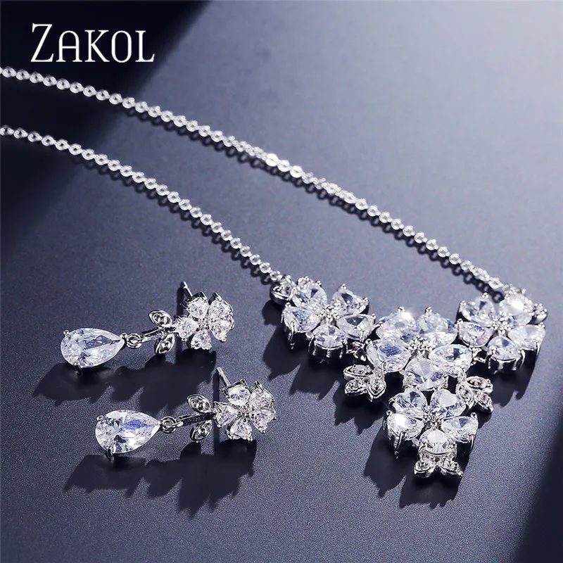 White ZAKOL модный белый цвет круглый кубический циркон серьги ожерелье наборы свадебных ювелирных изделий для женщин Свадебные распродажа FSSP169 - Окраска металла: White