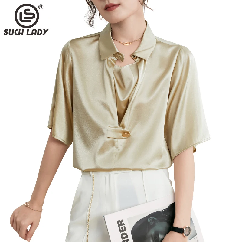 

100% Silk Satin Women's Shirt Turn Down Collar Short Sleeves Fashion Pullover Blouse Camisa Tops
