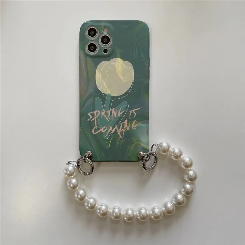

Fashion Pearl Bracelet Phone Case For iphone 12 11 Pro Max 7 8 plus X XR XS Max SE 2020 Cute Tulip Flower Silicone Cases Cover