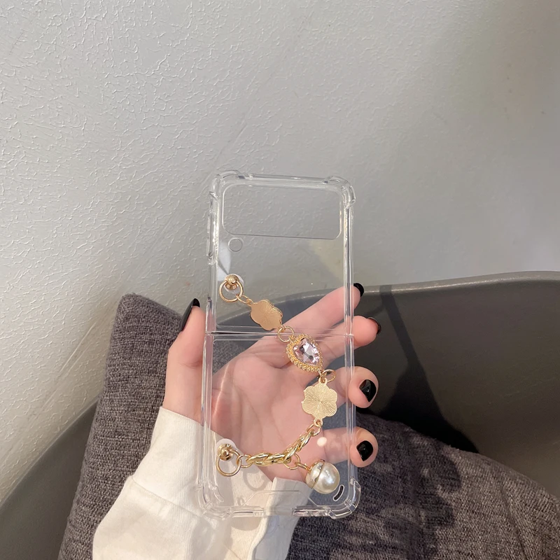 For Samsung Galaxy Z Flip 4G 4 3 Flip4 5G DIY Diamond Camellia Flower Bracelet Hand Chain Case Cover Clear Shockproof Funda Para