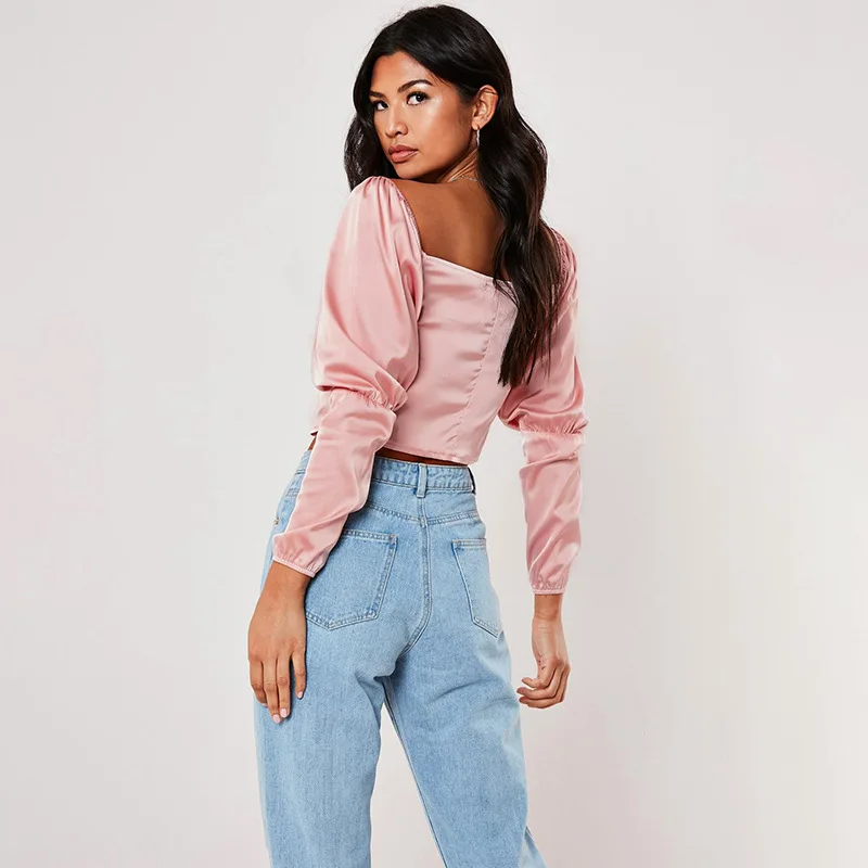 BOOFEENAA атласная шелковая розовая Сексуальная винтажная блуза Женские рубашки с