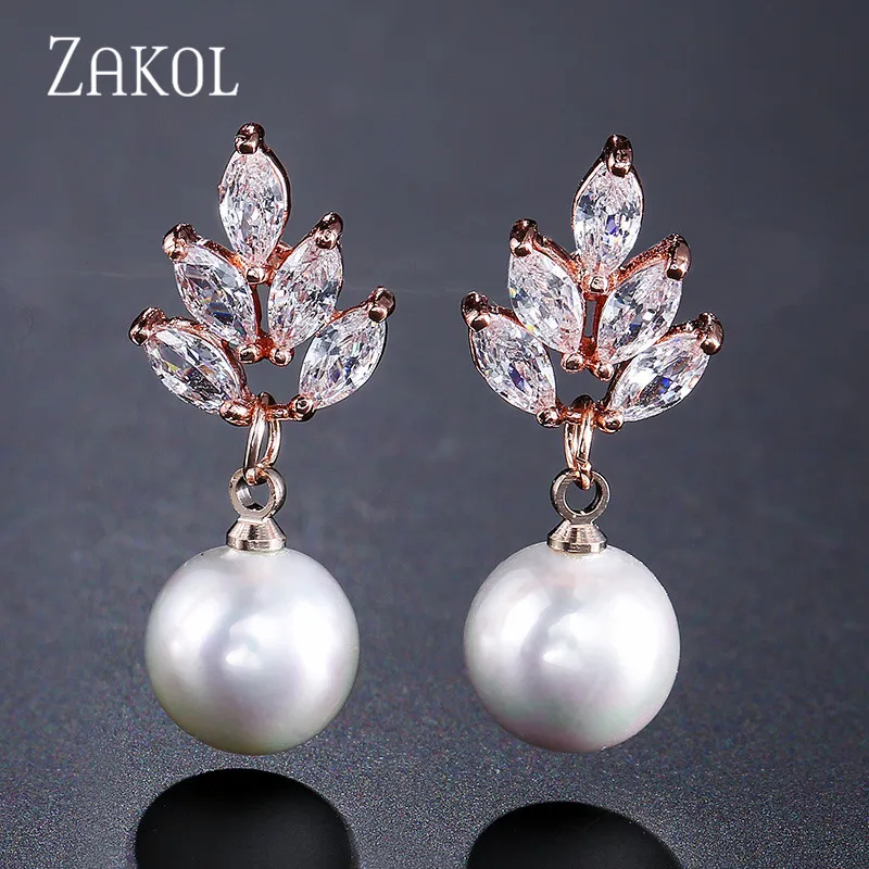 Rose Gold Color Элегантные висячие серьги ZAKOL с кубическим цирконием и искусственным жемчугом в виде листьев для женщин, модные свадебные ювелирные изделия FSEP499 - Metal Color: Rose Gold Color