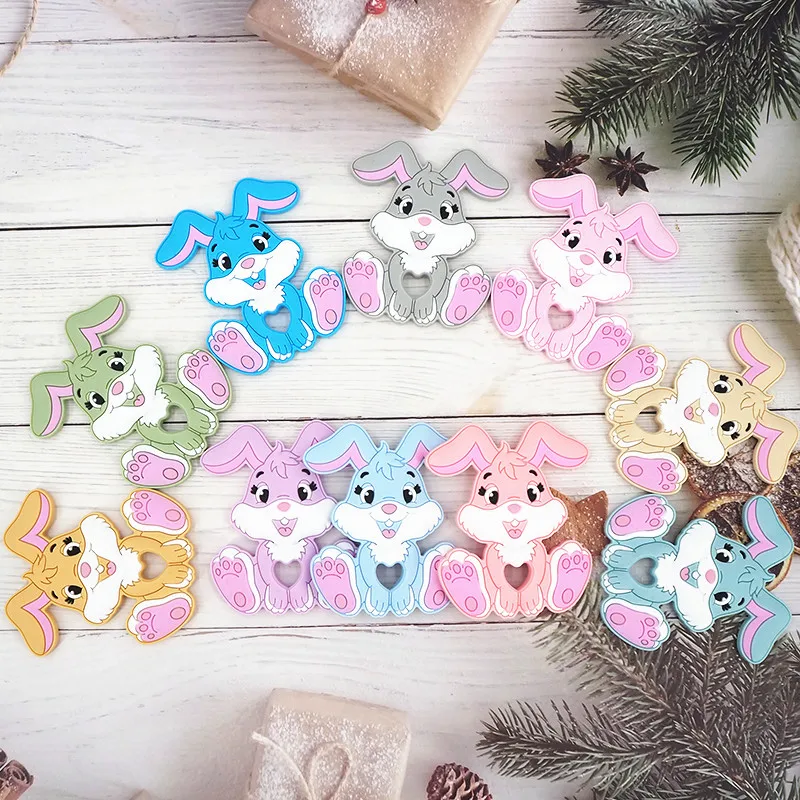 Chenkai-mordedor de conejo de silicona para beb&eacute;, dentici&oacute;n de oso de dibujos animados, Grado Alimenticio para mascar, chupete de lactancia, accesorios de cadena, 5 uds.-3