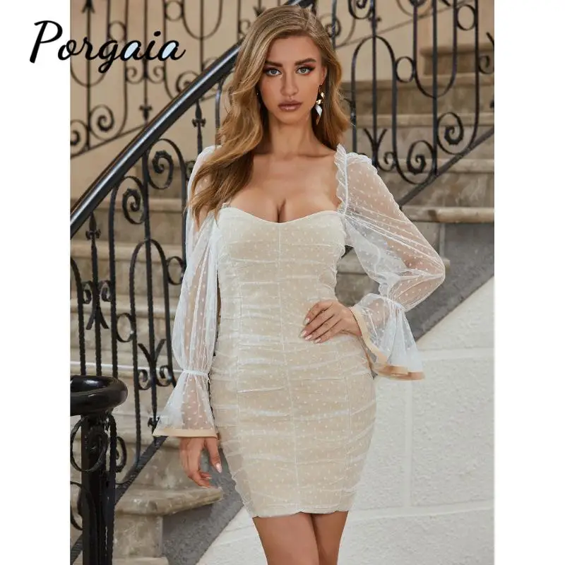 Ужин вечерние бежевый сексуальное Клубное платье с мини-юбкой и длинным рукавом