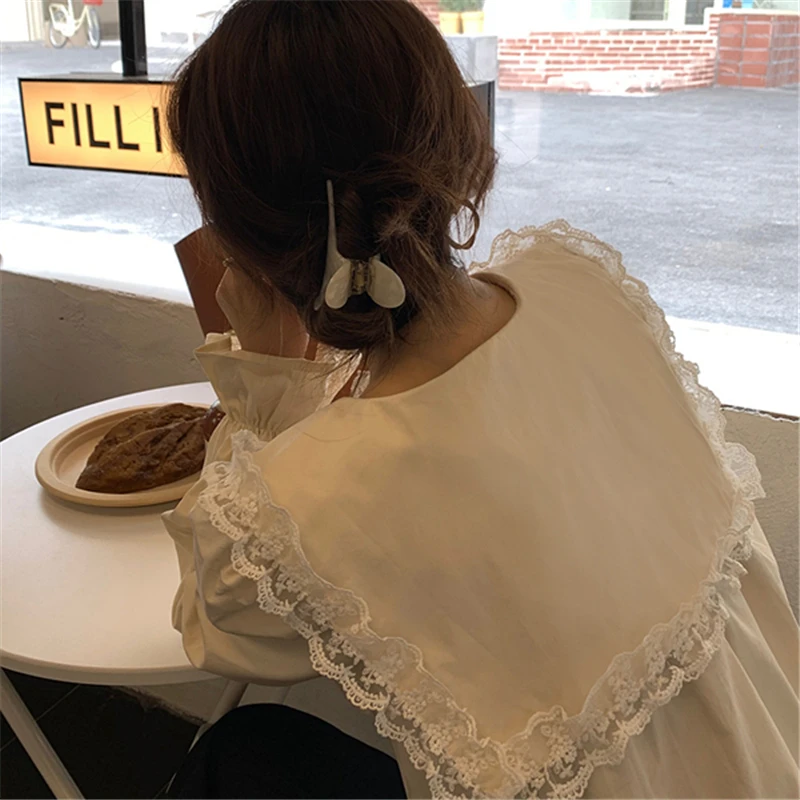 

New Spring Autumn Fashion Casual Shirt Women Solid Sailor Collar Lace Ladies Puff Sleeve Loose Shirts Coat Female Y147