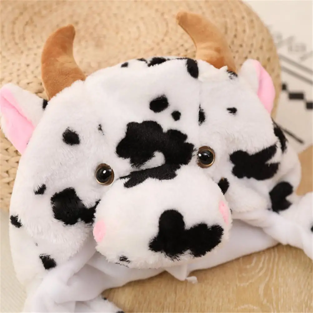 

Cute Animal Plush Hat with Moving Ears Cartoon Milk Cow Earflap Cap Plush Hat Photo Props for Women Girl Toy Earflap Cap Cosplay
