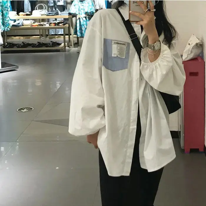 

ZHISILAO Oversize White Blouse Women Casual Patchwork Long Sleeve Shirts BF Plus Size Loose Blousa Maxi Spring 2021 Tops