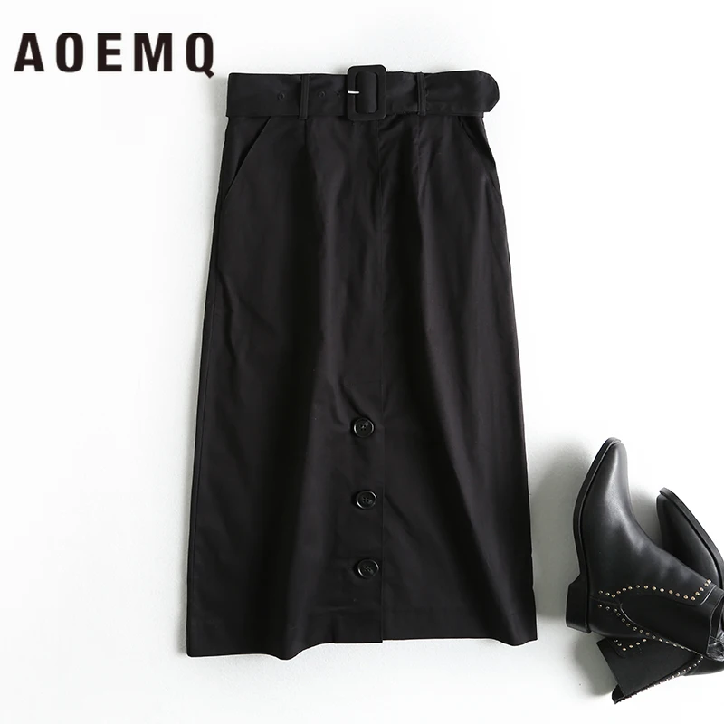 AOEMQ юбки сплошной хаки/черный цвет офисные женские юбки с ремнем Регулируемая Талия военная форма низ юбки Одежда