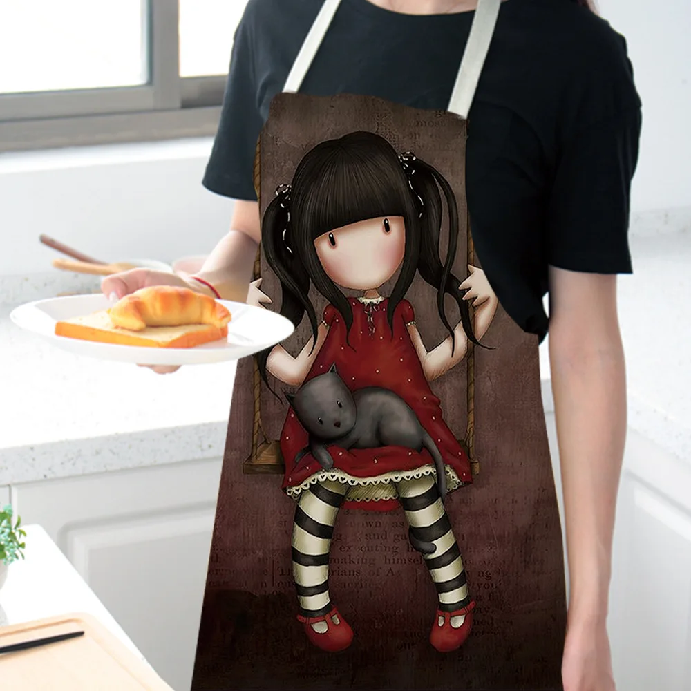 

Cartoon Cute Girl Printed Kitchen Aprons for Women Linen Home Cooking Baking Waist Bib Pinafore Household Cleaning Tools 68*55cm