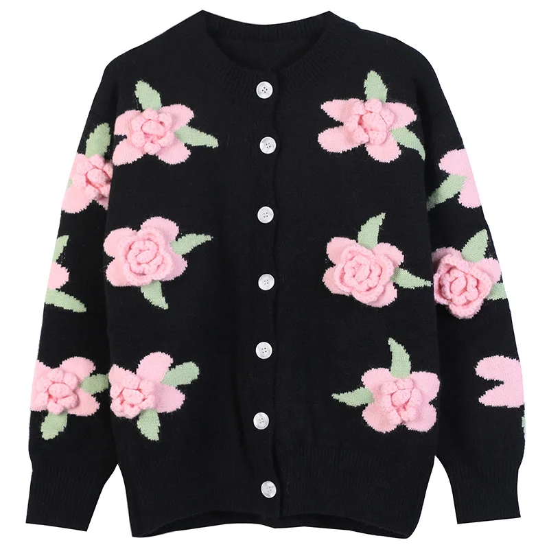 

Vintage Fashion Luxury Christmas 3D Floral Embroidery Winter Cardigans Coat Women Black O-Neck Looseknitted Sweater Clothes New