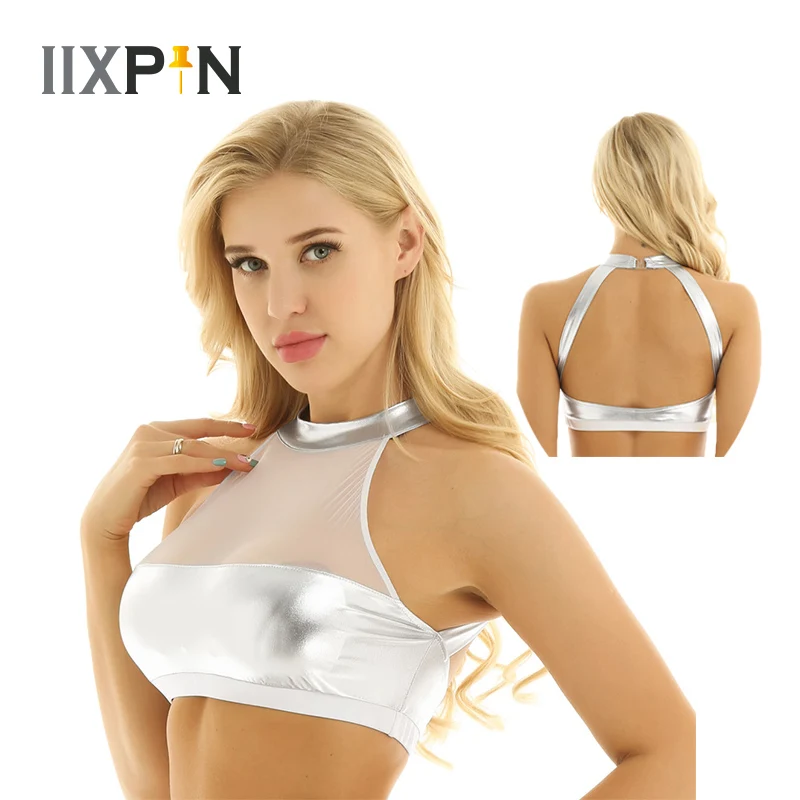 Женский топик без рукавов блестящий металлический УКОРОЧЕННЫЙ ТОПИК с открытой