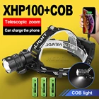 Налобный фонарь XHP100 + COB, светодиодный, перезаряжаемый через USB, с зумом, 18650 XHP 90, с мощными вспышками, водонепроницаемый