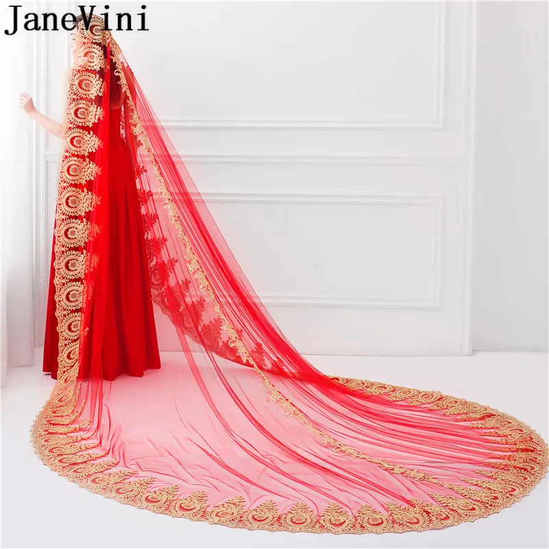 Красная изящная свадебная фата jaevini длиной 3 5 метра Арабская Однослойная Золотая