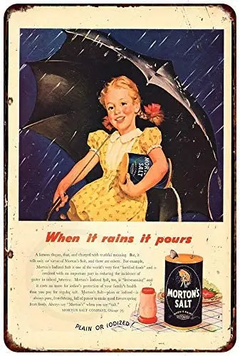 

HomDeo Metal Signs Vintage Tin Sign 8" w x 12" h Personalized Wall Decor 1946 Morton's Salt Pretty Little Rain Girl for Cafe