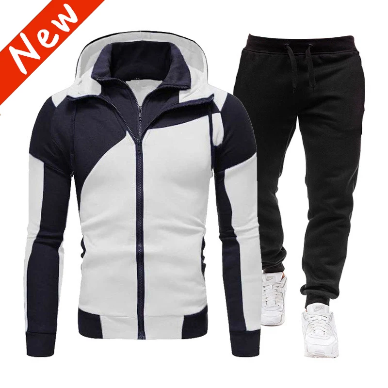 

2022 Winter Casual Sports Suit Double Zipper Stitching Jacket + Fleece Sweatpants Men's Sets