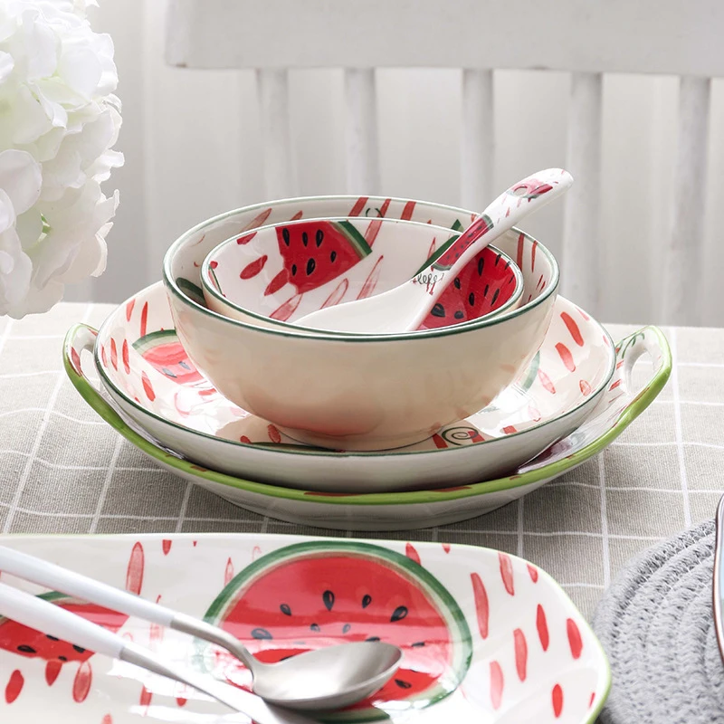 Набор посуды с фруктовым узором керамическая тарелка цветная миска для риса диск