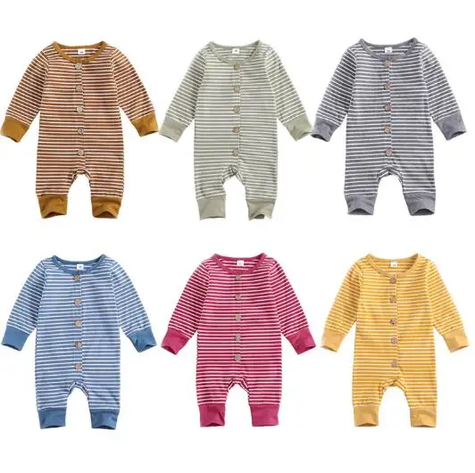 

Newborn Baby Infant Long Sleeve O-neck Striped Romper Jumpsuit Toddler Kids Button-up Outfit Spring Fall Baby Rompers