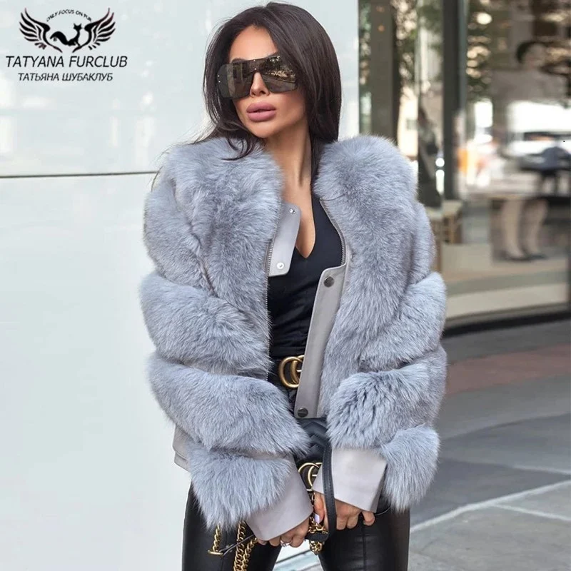 Enlarge 2022 New Locomotive Style Real Fox Fur Jackets Women Outwear Natural Fox Fur Coat Genuine Sheep Leather Fur Coats With Zipper