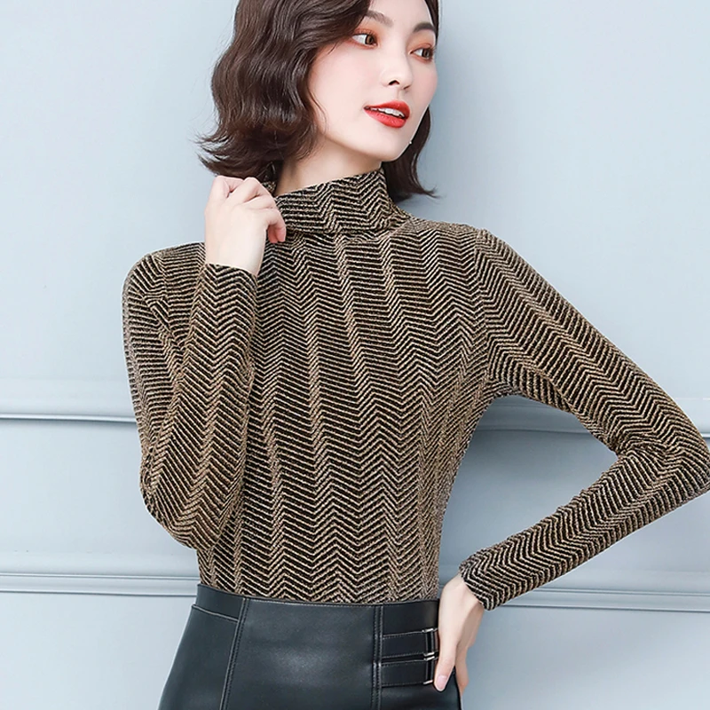 

Elegant Striped Elastic Slim Tops Fashion Bright Silk Half High Collar shirt Women 2022Autumn New Blouse Female Blusas 16732