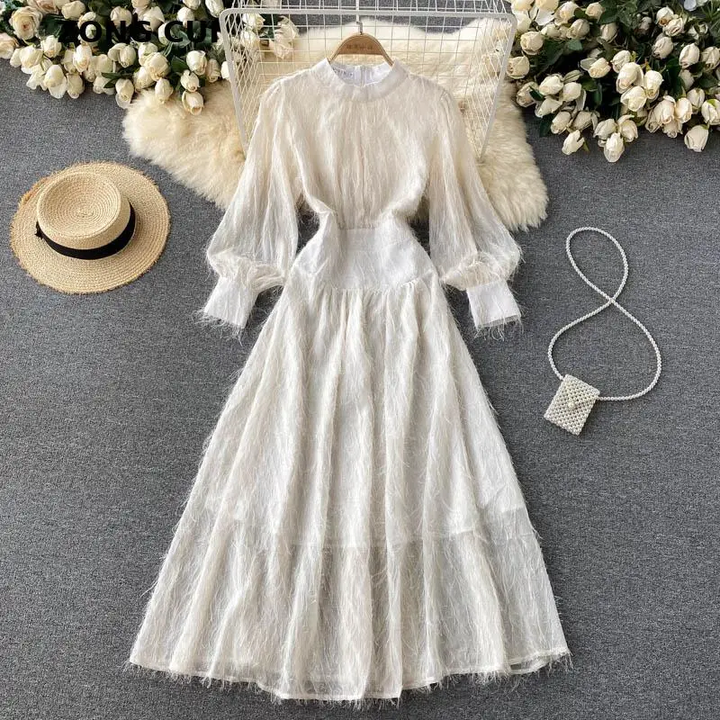 

Autumn Elegant Casual Tassel Solid Dress Lantern Sleeve Women Dresses Fashion Party A-line Office Lady Dress Za Plus Size Robes
