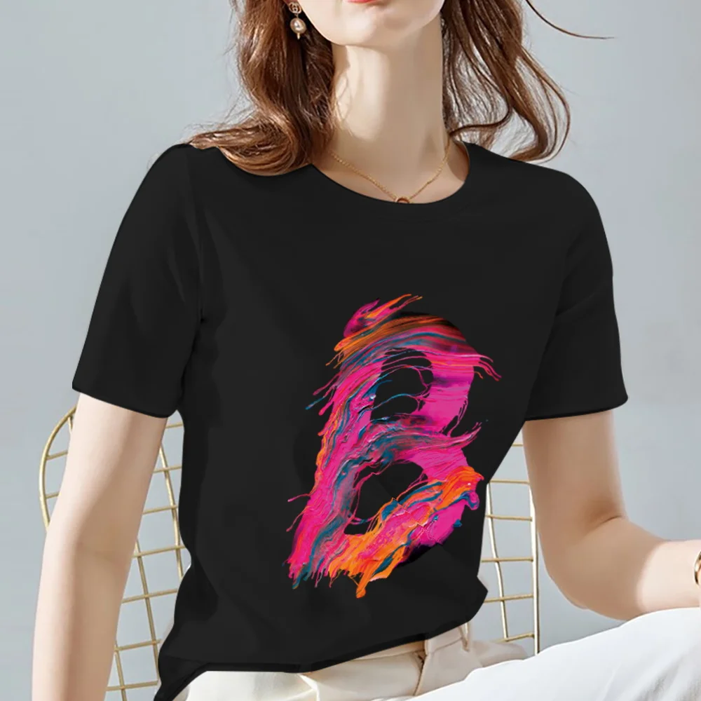 

Street Simple Women's T-shirt Casual Black Commuter 26 Paint B Letter Name Initials Printing Youth Fashion Round Neck Clothing