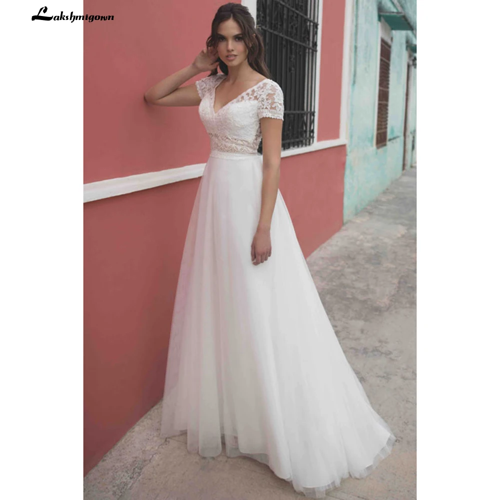 Простое ТРАПЕЦИЕВИДНОЕ свадебное платье из тюля с V образным вырезом пляжные