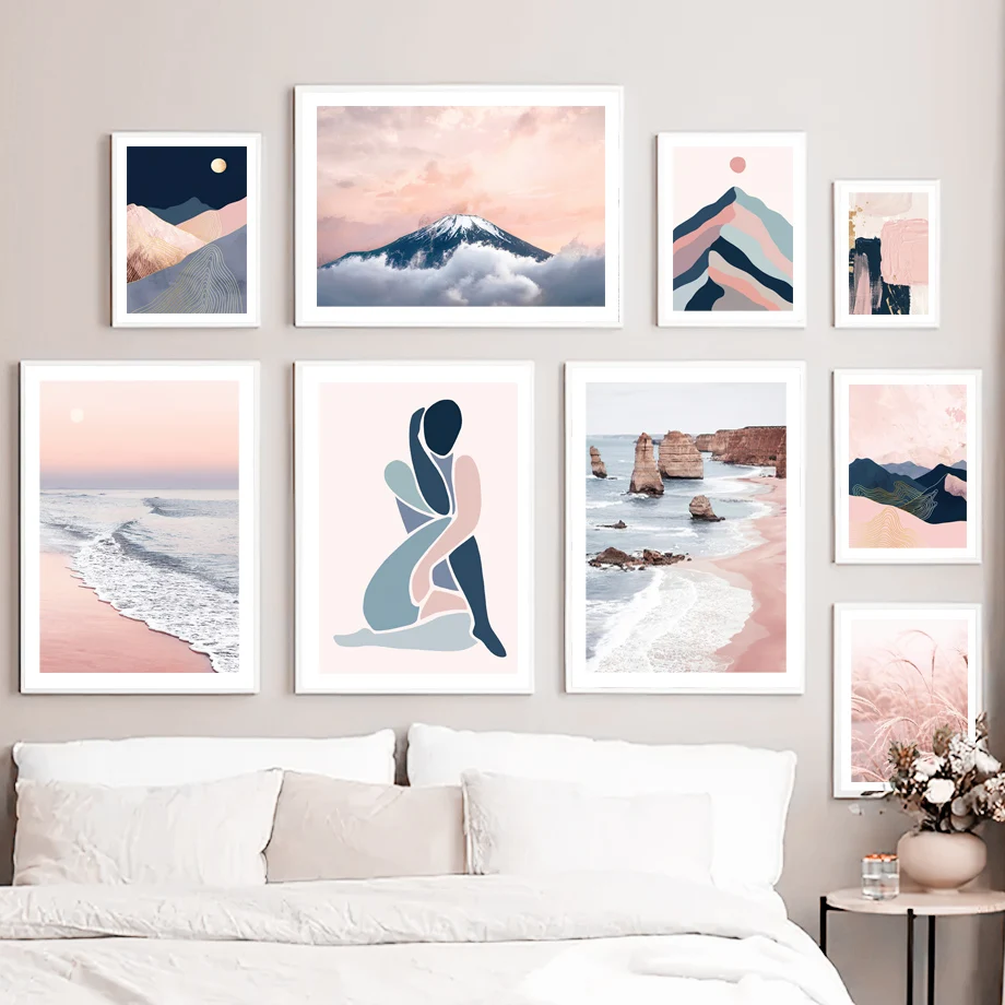 

Pink Beach Reef Abstract Girl Sun Mountain Art Canvas Painting Nordic Posters And Prints Wall Pictures For Living Room Decor