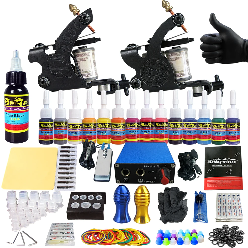 Solong  TK203 Full Tattoo Set For Tattoos, Suitable For Beginners, Professional Tattoos, Advanced 14color Tattoo Sets